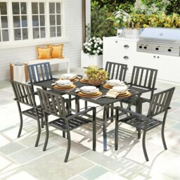 Rackhams 7 Pieces Patio Dining Set with Umbrella Hole, for Poolside, Garden - Black - Galvanised steel - 150 x 90 x 73cm - thumbnail 1