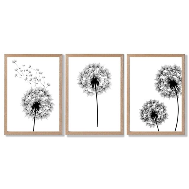 Rackhams DANDELIONS Set of 3 Framed Sketch Wall Art Prints - 59x84cm (A1) - Light Oak - image 1