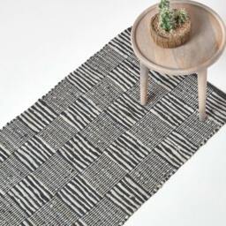 Rackhams Black & White Real Leather Handwoven Striped Block Check Rug - 120 x 180 cm - thumbnail 6