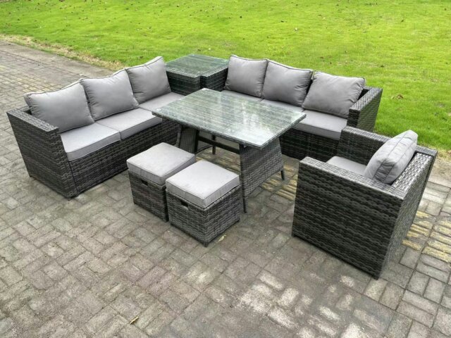 Rackhams 9 Seater Rattan Outdoor Furniture Sofa Garden Dining Set with Dining Table Armchair Side Table 2 Small Footstools Dark Grey Mixed - image 1