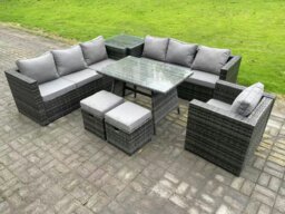 Rackhams 9 Seater Rattan Outdoor Furniture Sofa Garden Dining Set with Dining Table Armchair Side Table 2 Small Footstools Dark Grey Mixed - thumbnail 1
