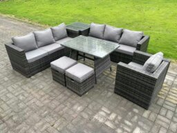 Rackhams 9 Seater Rattan Outdoor Furniture Sofa Garden Dining Set with Dining Table Armchair Side Table 2 Small Footstools Dark Grey Mixed - thumbnail 2