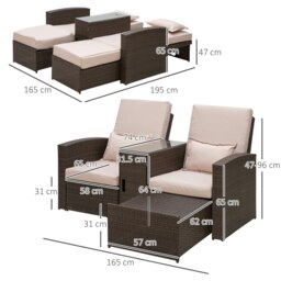 Rackhams Garden Double Rattan Sun Lounger Sofa Recliner Wicker Patio Brown - Brown - Steel, PE rattan, Polyster fabric - 195L x 165W x 96Hcm - thumbnail 5