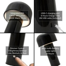 Rackhams Gloss Black Modern Mushroom Style Rechargeable LED Touch Dimmable Table Lamp - thumbnail 4