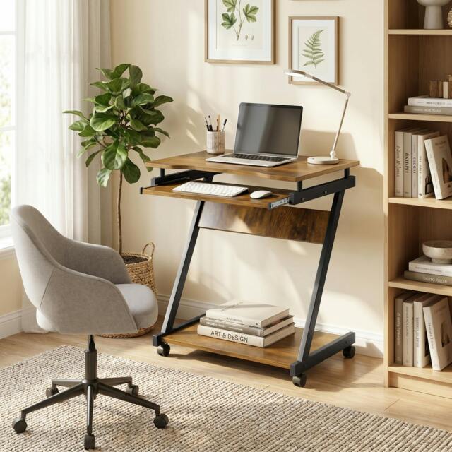 Rackhams Movable Computer Desk with 4 Moving Wheels Rustic Brown - image 1