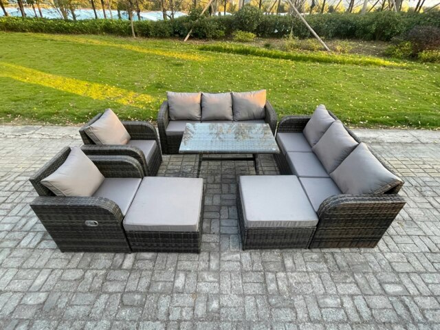 Rackhams Rattan Garden Furniture Dining Set 10 seater Patio Rectangular Table 2 Big Footstool Dark Grey Mixed - image 1