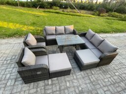 Rackhams Rattan Garden Furniture Dining Set 10 seater Patio Rectangular Table 2 Big Footstool Dark Grey Mixed - thumbnail 2