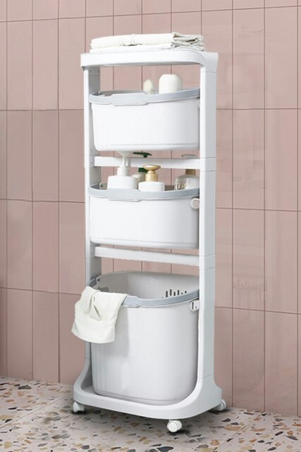 Rackhams 4-Tier Laundry Basket Clothes Storage Shelf on Wheels for Bathroom - White - image 1