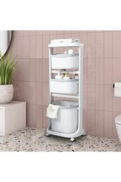 Rackhams 4-Tier Laundry Basket Clothes Storage Shelf on Wheels for Bathroom - White - thumbnail 3