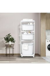 Rackhams 4-Tier Laundry Basket Clothes Storage Shelf on Wheels for Bathroom - White - thumbnail 2