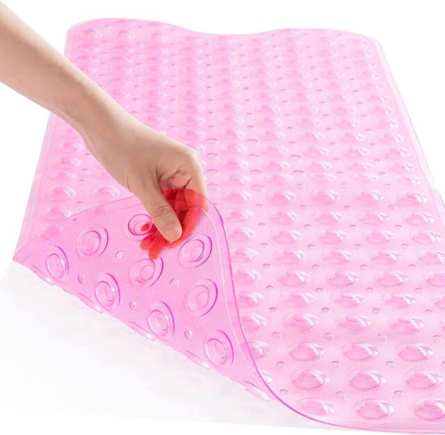 Rackhams Bath Mat Non Slip, 100 x 40cm Extra Long Shower Mat with Suction Cups and Drain Holes - Pink - image 1