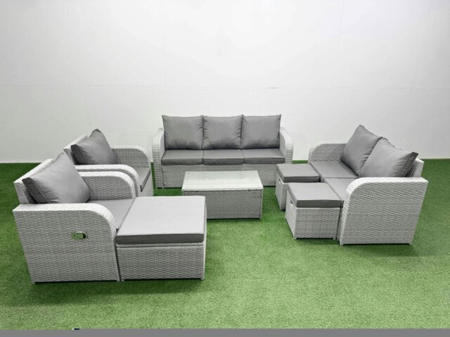 Rackhams PE Rattan Garden Furniture Set Adjustable Chair Sofa Double Love Seat 2 Seater Sofa Lounge Set Oblong Coffee Table 3 Stools Light Grey - image 1