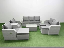 Rackhams PE Rattan Garden Furniture Set Adjustable Chair Sofa Double Love Seat 2 Seater Sofa Lounge Set Oblong Coffee Table 3 Stools Light Grey - thumbnail 1