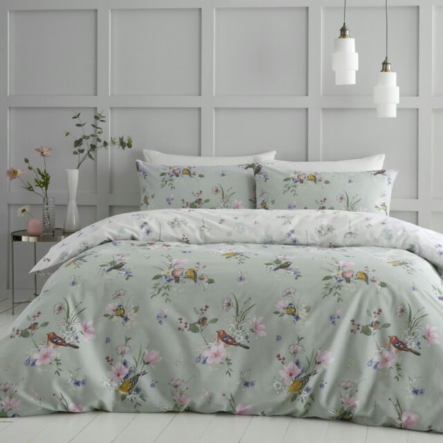 Rackhams Songbird Reversible Duvet Cover Set - Sage Green - Double - image 1