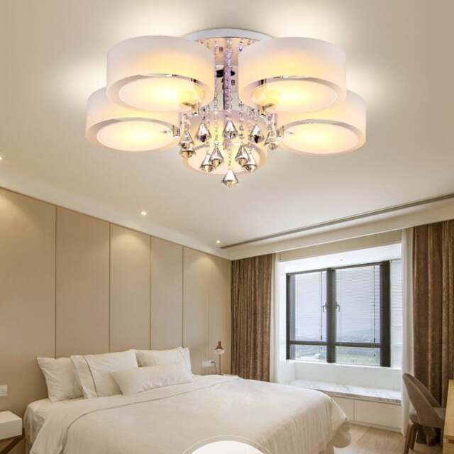 Rackhams Ceiling Light Semi-Flush Mount, Cylindrical Acrylic Lampshades, Crystal Drops - 5 cylindrical shades