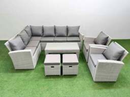 Rackhams Rattan Garden Furniture Set Outdoor 10 Seater Corner Sofa Sets with Oblong Coffee Table Chair 2 Small Footstool Light Grey Mixed - thumbnail 1