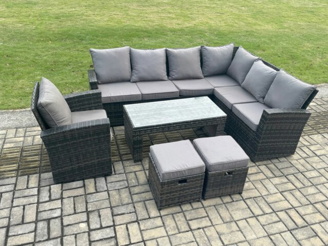 Rackhams 9 Seat Rattan Garden Furniture Corner Sofa Set Outdoor Patio Sofa Table Set with 2 Small Footstools Armchair Dark Grey Mixed - image 1