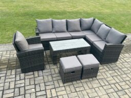 Rackhams 9 Seat Rattan Garden Furniture Corner Sofa Set Outdoor Patio Sofa Table Set with 2 Small Footstools Armchair Dark Grey Mixed - thumbnail 1