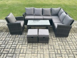 Rackhams 9 Seat Rattan Garden Furniture Corner Sofa Set Outdoor Patio Sofa Table Set with 2 Small Footstools Armchair Dark Grey Mixed - thumbnail 2