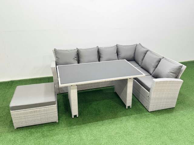 Rackhams Outdoor Garden Furniture Sets 7 Seater Wicker Rattan Corner Sofa Sets with Rectangular Dining Table Lounge Sofa Big Footstool Light Grey - image 1