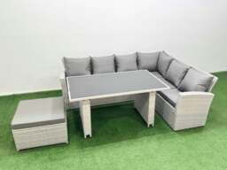 Rackhams Outdoor Garden Furniture Sets 7 Seater Wicker Rattan Corner Sofa Sets with Rectangular Dining Table Lounge Sofa Big Footstool Light Grey
