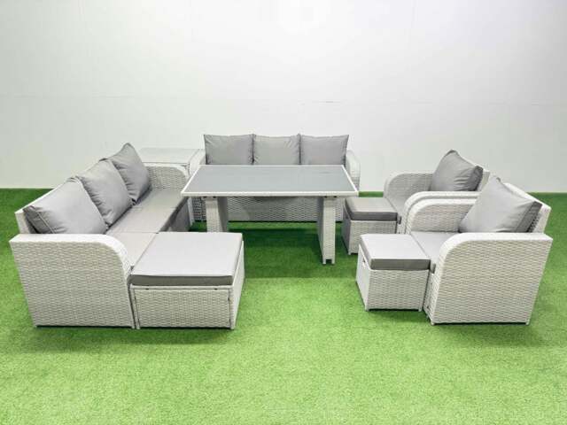 Rackhams 11 Seater Wicker PE Rattan Furniture Outdoor Dining Table 3 Seater Sofa Reclining Chair Set with Side Table 3 Stools Light Grey - image 1