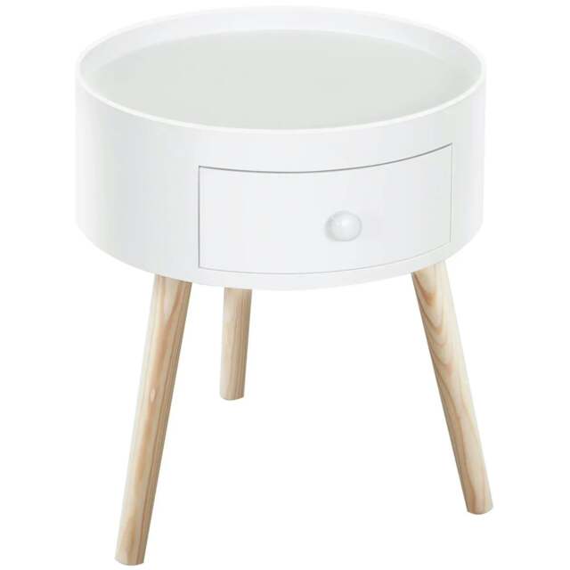 Rackhams Modern Side Table, Small Coffee Table, Round Bedside Table with Drawer and Wood Legs for Living Room, Bedroom, White - image 1
