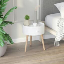 Rackhams Modern Side Table, Small Coffee Table, Round Bedside Table with Drawer and Wood Legs for Living Room, Bedroom, White - thumbnail 2