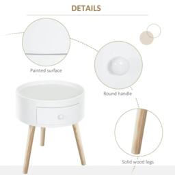 Rackhams Modern Side Table, Small Coffee Table, Round Bedside Table with Drawer and Wood Legs for Living Room, Bedroom, White - thumbnail 4