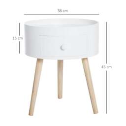 Rackhams Modern Side Table, Small Coffee Table, Round Bedside Table with Drawer and Wood Legs for Living Room, Bedroom, White - thumbnail 3