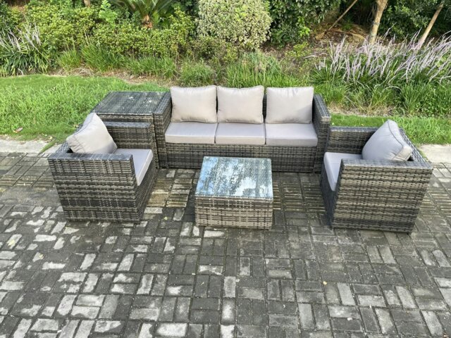 Rackhams Outdoor Lounge Sofa Set Wicker PE Rattan Garden Furniture Set with 2 Armchairs Side Table Square Coffee Table Dark Grey Mixed - image 1