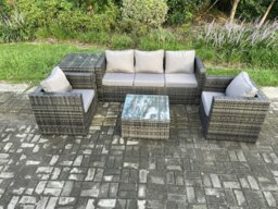 Rackhams Outdoor Lounge Sofa Set Wicker PE Rattan Garden Furniture Set with 2 Armchairs Side Table Square Coffee Table Dark Grey Mixed - thumbnail 2