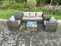 Rackhams Outdoor Lounge Sofa Set Wicker PE Rattan Garden Furniture Set with 2 Armchairs Side Table Square Coffee Table Dark Grey Mixed - thumbnail 1