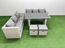 Rackhams Rattan Garden Furniture Dining Set 8 seater Patio Rectangular Table Sofa Set with 2 Small Stools Light Grey