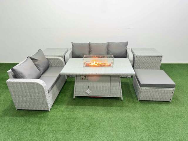 Rackhams 6 Seater Rattan Garden Furniture Patio Sofa Set with Fire Pit Dining Table 3 Seater Sofa Love Sofa Big Footstool 2 Side Table - image 1