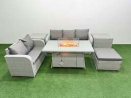 Rackhams 6 Seater Rattan Garden Furniture Patio Sofa Set with Fire Pit Dining Table 3 Seater Sofa Love Sofa Big Footstool 2 Side Table - thumbnail 1