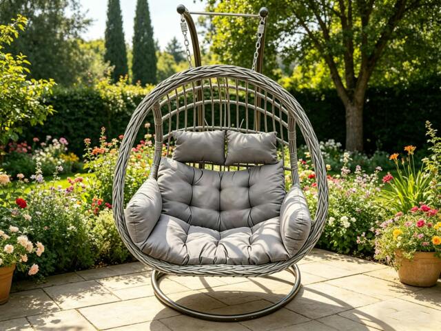 Rackhams Rattan Hammock Garden Two Seater Hanging Egg Chair Indoor Outdoor Patio Furniture with Grey Cushion - image 1