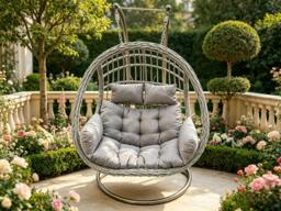 Rackhams Rattan Hammock Garden Two Seater Hanging Egg Chair Indoor Outdoor Patio Furniture with Grey Cushion - thumbnail 5