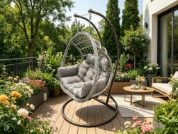 Rackhams Rattan Hammock Garden Two Seater Hanging Egg Chair Indoor Outdoor Patio Furniture with Grey Cushion - thumbnail 4