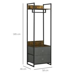 Rackhams Clothes Rail, Metal Coat Stand, Garment Rack with 2 Fabric Storage Drawers, Single Wardrobe for Bedroom, Hallway, Rustic Brown and Grey - thumbnail 3