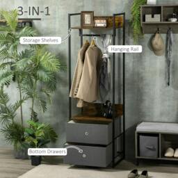 Rackhams Clothes Rail, Metal Coat Stand, Garment Rack with 2 Fabric Storage Drawers, Single Wardrobe for Bedroom, Hallway, Rustic Brown and Grey - thumbnail 4