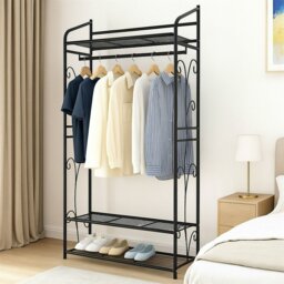 Rackhams Heavy Duty Garment Clothes Rail Rack with Shelves Metal Coat Stand Hanging Pole Black - thumbnail 3