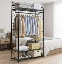 Rackhams Heavy Duty Garment Clothes Rail Rack with Shelves Metal Coat Stand Hanging Pole Black