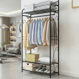 Rackhams Heavy Duty Garment Clothes Rail Rack with Shelves Metal Coat Stand Hanging Pole Black - thumbnail 4