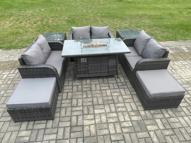 Rackhams Rattan Outdoor Garden Furniture Sofa Set Gas Fire Pit Dining Table Gas Heater with 2 Side Tables Love Sofa 2 Big Footstool Dark Grey Mixed - image 1