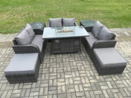 Rackhams Rattan Outdoor Garden Furniture Sofa Set Gas Fire Pit Dining Table Gas Heater with 2 Side Tables Love Sofa 2 Big Footstool Dark Grey Mixed - thumbnail 1
