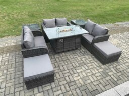 Rackhams Rattan Outdoor Garden Furniture Sofa Set Gas Fire Pit Dining Table Gas Heater with 2 Side Tables Love Sofa 2 Big Footstool Dark Grey Mixed - thumbnail 2