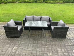 Rackhams Wicker PE Rattan Outdoor Furniture Garden Dining Set with Lounge Sofa Oblong Dining Table 2 Armchairs Dark Grey Mixed