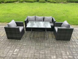 Rackhams Wicker PE Rattan Outdoor Furniture Garden Dining Set with Lounge Sofa Oblong Dining Table 2 Armchairs Dark Grey Mixed - thumbnail 2