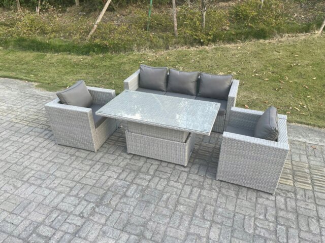 Rackhams Rattan Garden Funiture Set Height Adjustable Rising Lifting Table Sofa Dining Set With 2 Arm Chair - image 1